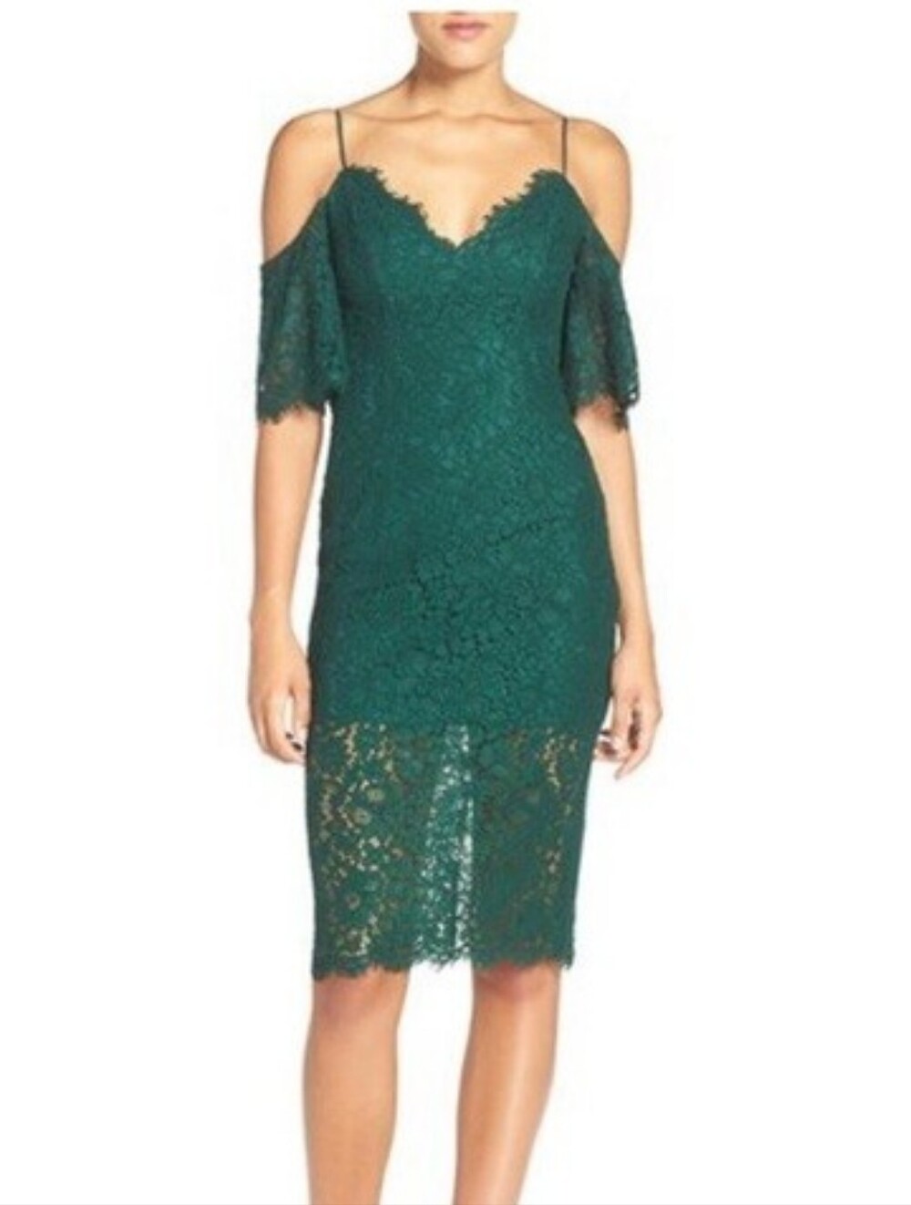 Bardot Karlie Cold Shoulder Lace Midi Dress in Alpine Green